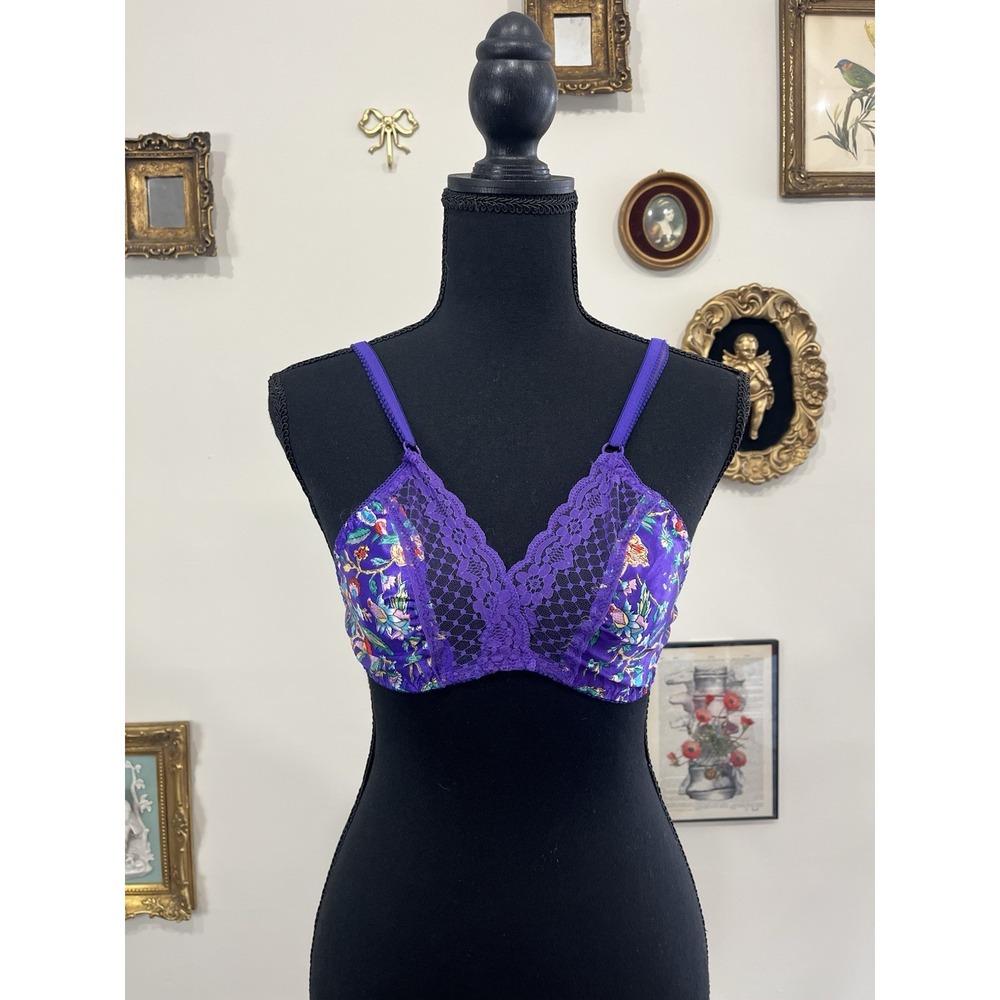 Vintage Victoria's Secret Purple Floral Lace Bra  Gold Tag Satin Shiny Size 34